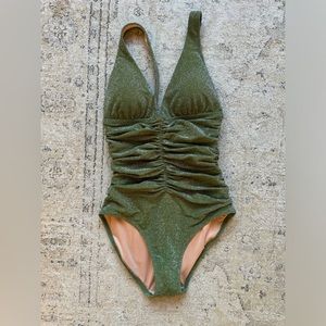 NWT J Crew Sparkle ruched plunge one-piece swimsuit in green, size 4